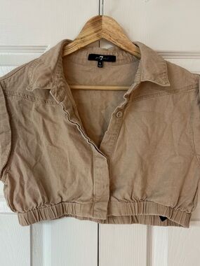 7 For All Mankind Cropped Button-Front Top in Tan